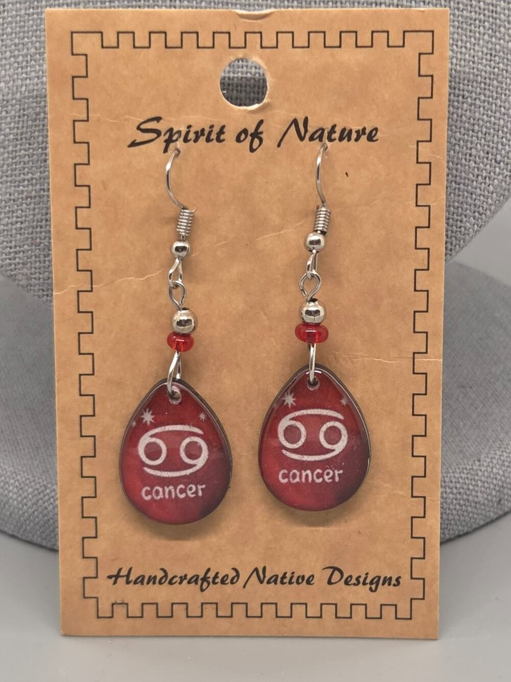 Spirit of Nature Earrings CANCER - Astrological Sign-tear drop -red white